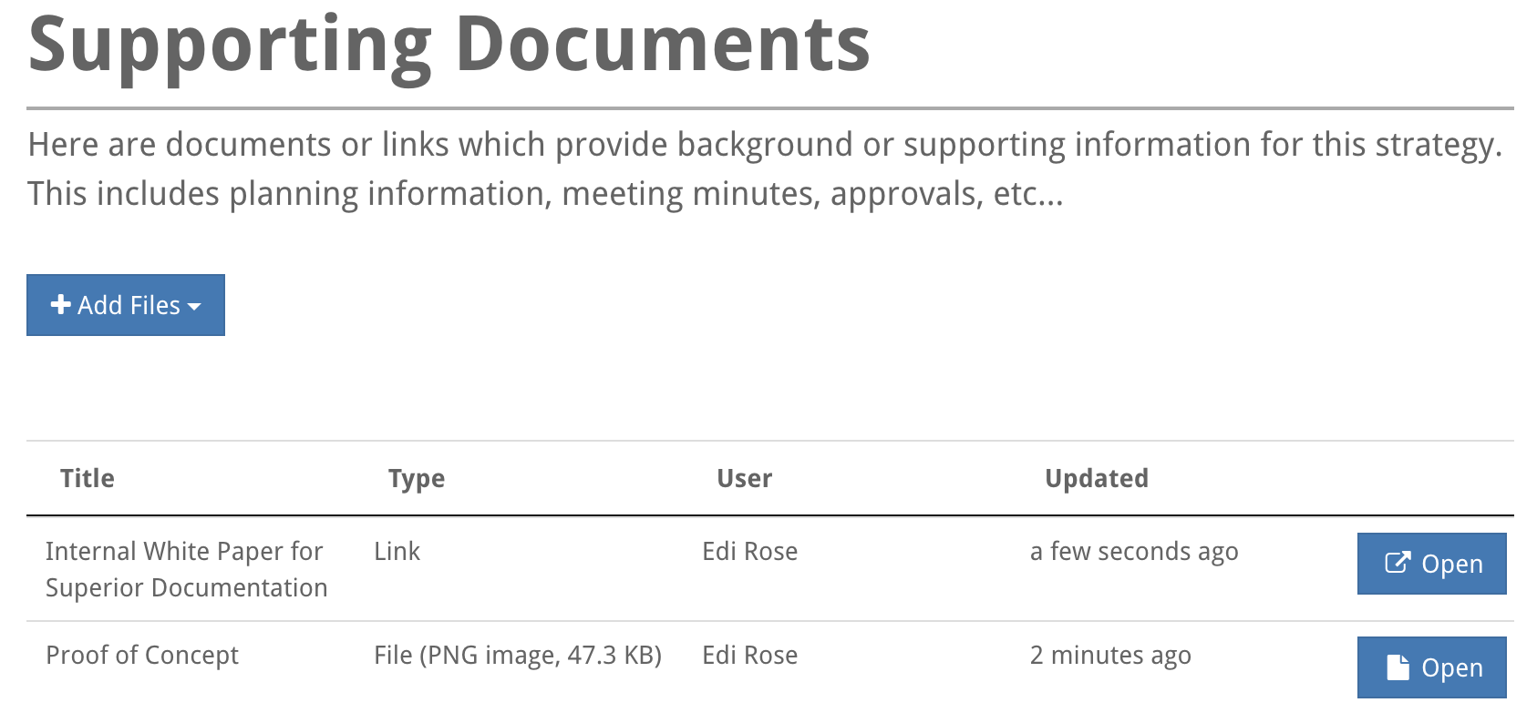 Screen Showing the Supporting documents page